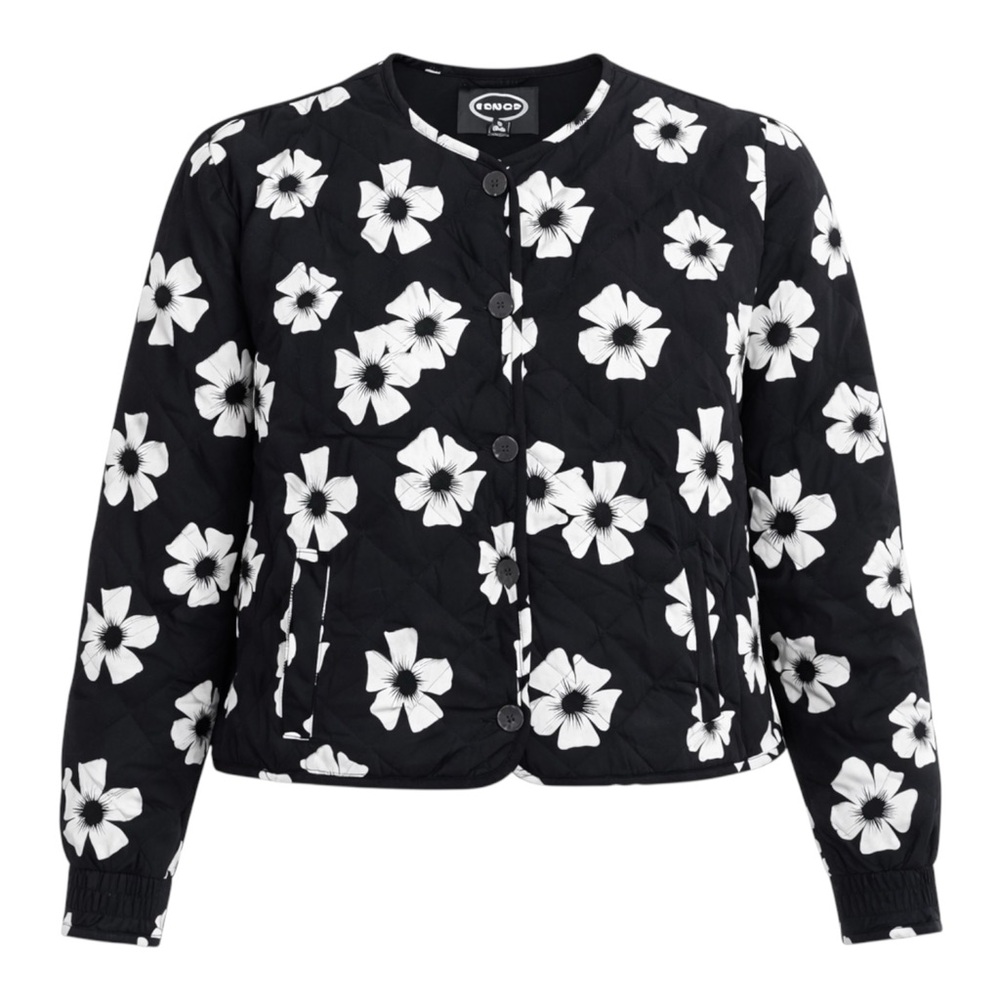 New Women's Black Floral Print Scoop Quilted Jacket, Lightweight, XL (16-18)